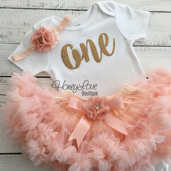 One - Birthday Outfit - Gold glitter and Peach - embellished pettiskirt main image 1