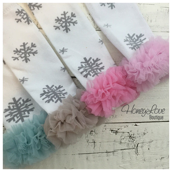 Leg Warmers - Blue Snowflakes, matching flower headband and bloomers -  HoneyLoveBoutique