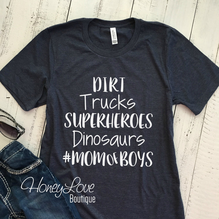 #MOMofBOYS tee - Dirt Trucks Superheroes Dinosaurs - HoneyLoveBoutique