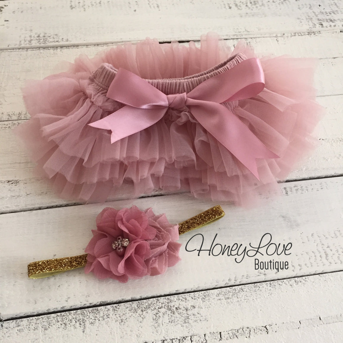 Vintage Pink tutu skirt bloomers and gold glitter headband - HoneyLoveBoutique