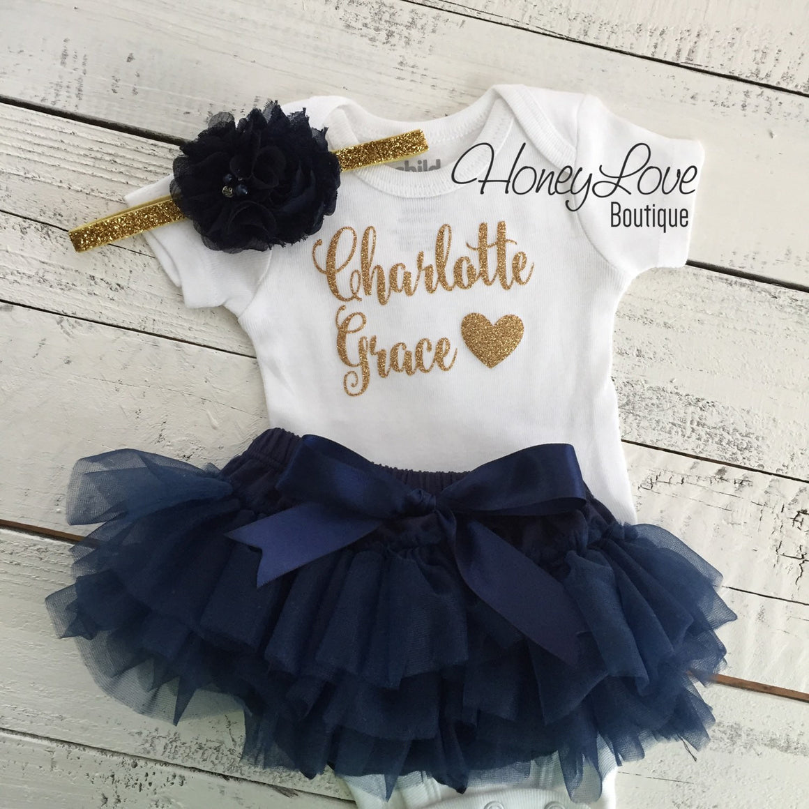 PERSONALIZED Name Outfit - Gold Glitter and Navy - HoneyLoveBoutique