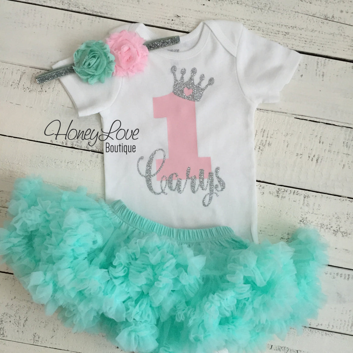 Personalized 1st Birthday Princess Outfit - Silver Glitter, Light Pink and Mint/Aqua - HoneyLoveBoutique