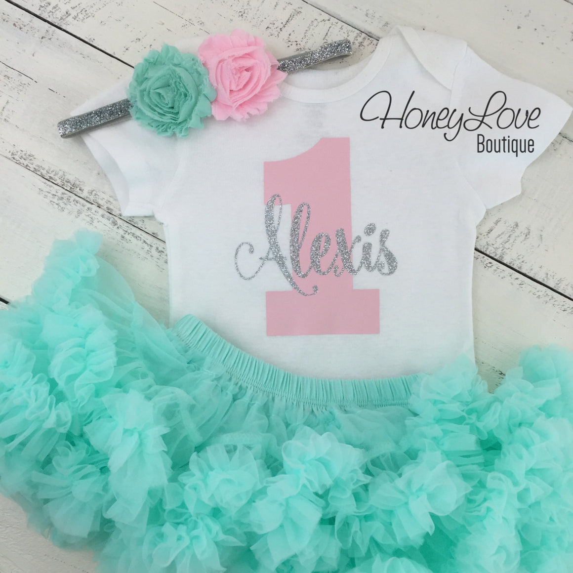 Personalized 1st Birthday outfit - Silver Glitter, Light pink, and Mint/Aqua - HoneyLoveBoutique