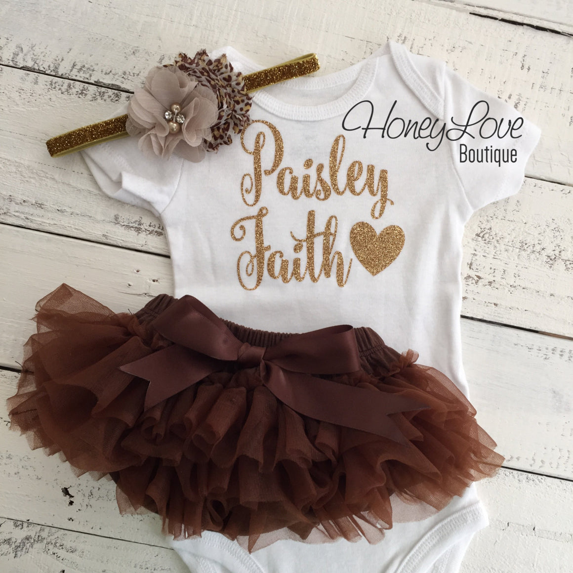 PERSONALIZED Name Outfit - Gold Glitter and Brown, Leopard Print - HoneyLoveBoutique