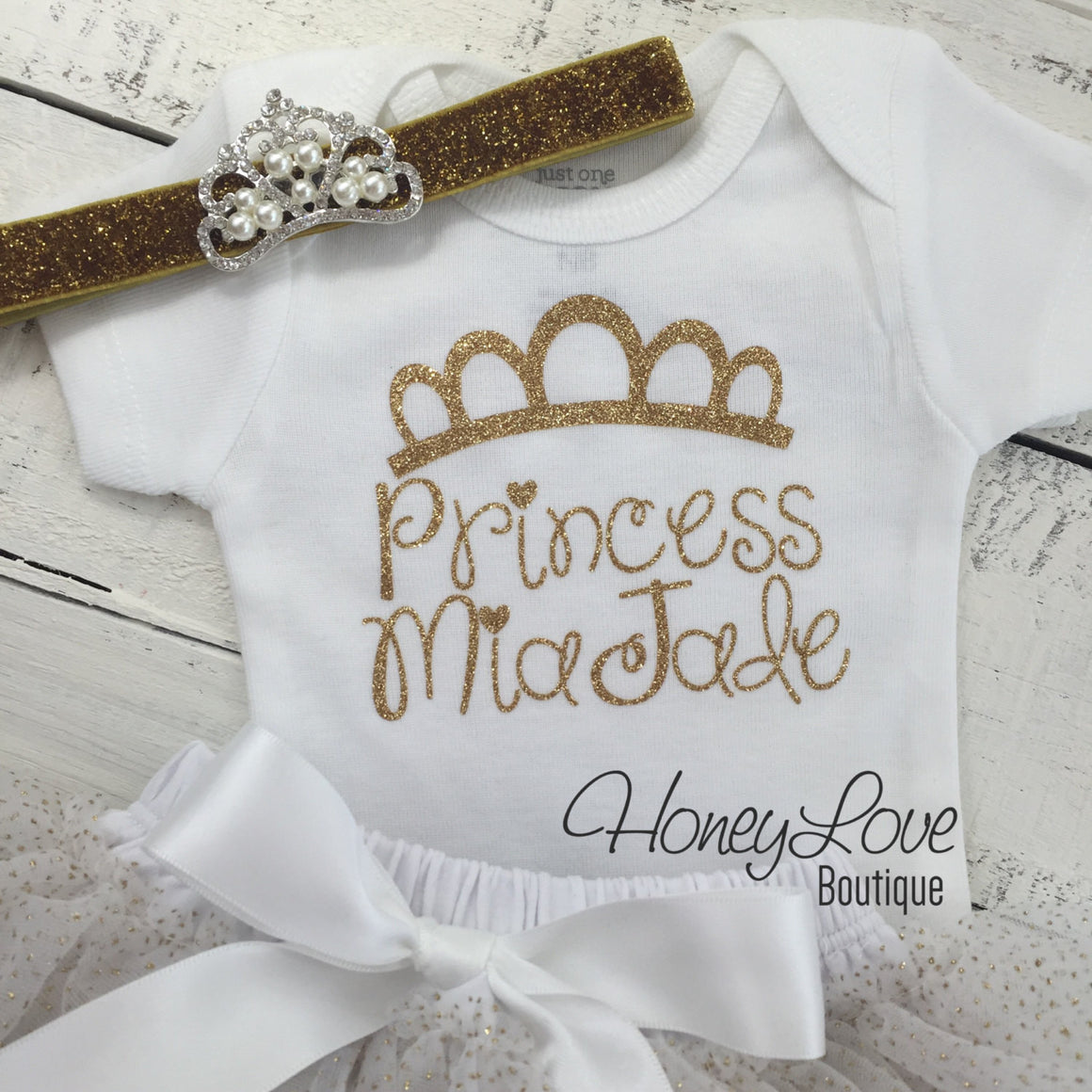 Personalized Princess name outfit - Gold Glitter and Gold/White tutu skirt bloomers - HoneyLoveBoutique