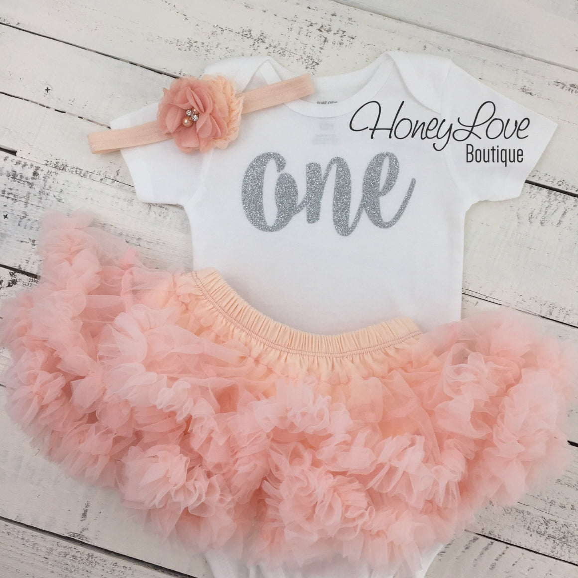 One - Birthday Outfit - Peach and Silver Glitter - HoneyLoveBoutique