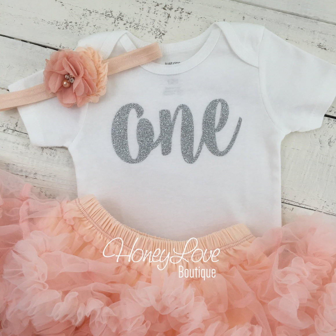 One - Birthday Outfit - Peach and Silver Glitter - HoneyLoveBoutique