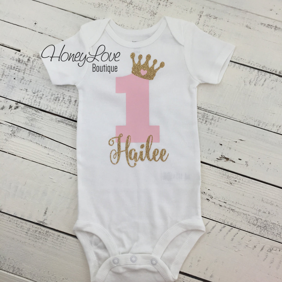 Personalized 1st Birthday Princess outfit - Gold Glitter and Light Pink - HoneyLoveBoutique