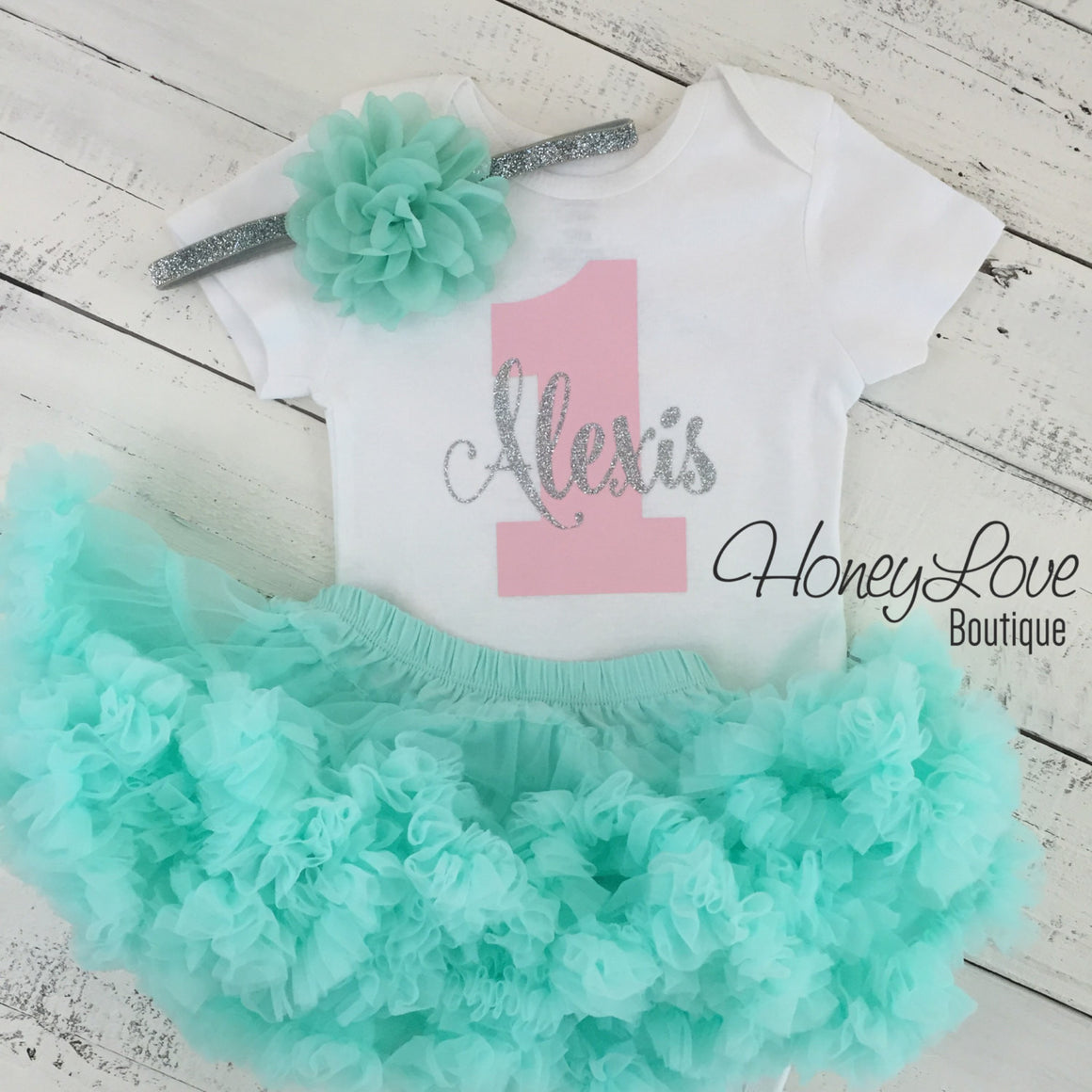 Personalized 1st Birthday Outfit - Silver/Gold glitter, Light Pink and Mint/Aqua - HoneyLoveBoutique