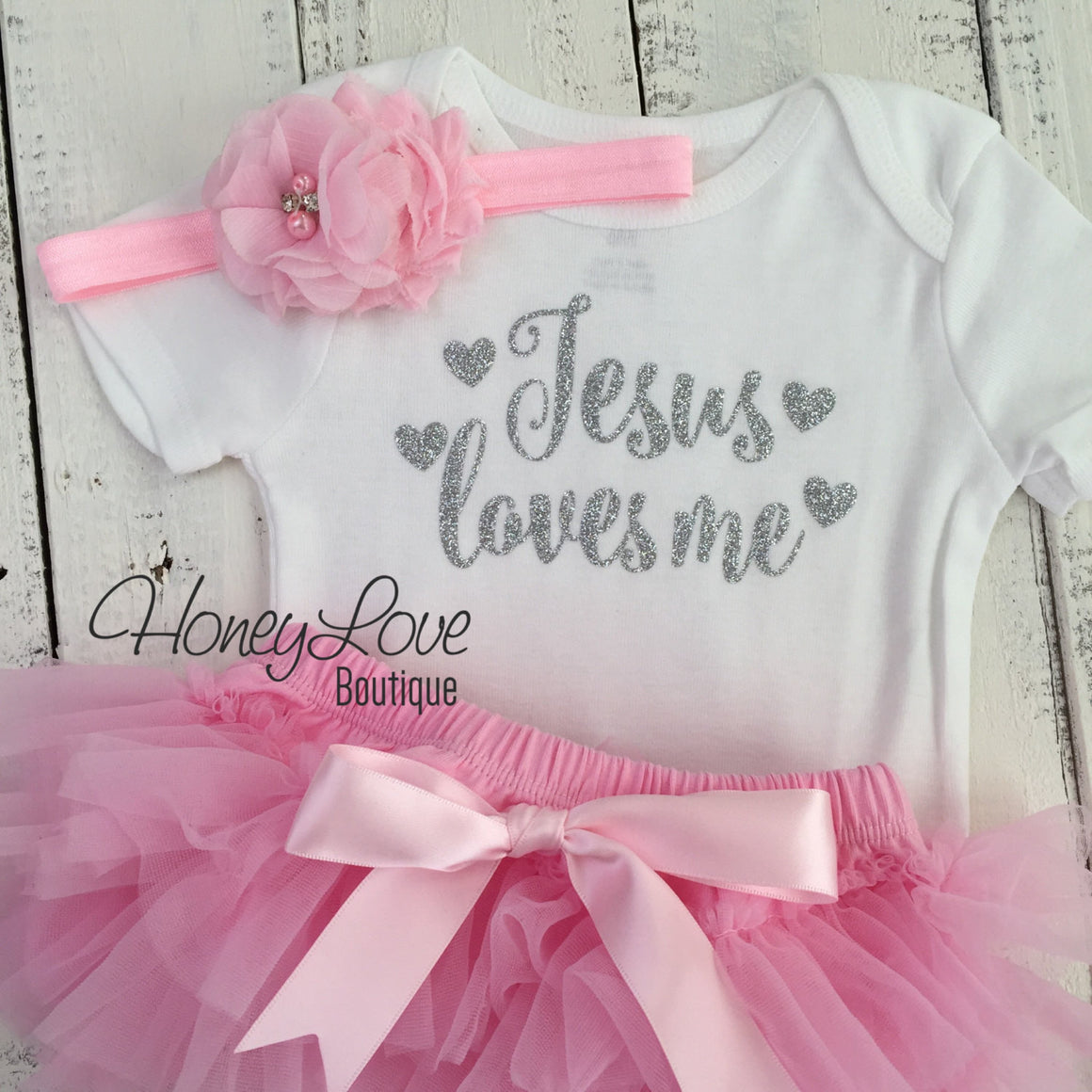 Jesus loves me Outfit Set - Silver/Gold glitter and Light Pink - HoneyLoveBoutique
