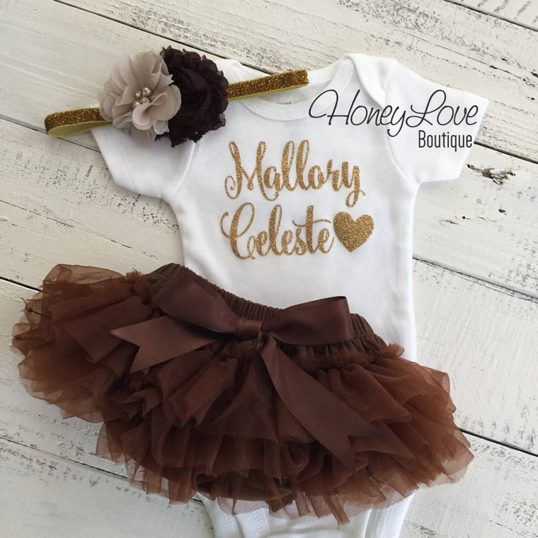 PERSONALIZED Name Outfit - Gold Glitter and Brown - HoneyLoveBoutique