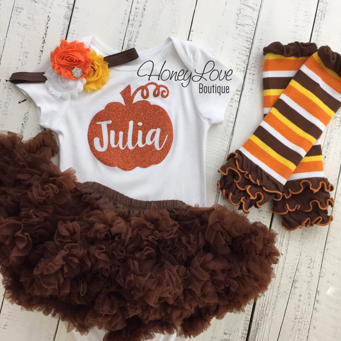 Thanksgiving Fall Halloween outfit - candy corn headband and leg warmers - HoneyLoveBoutique
