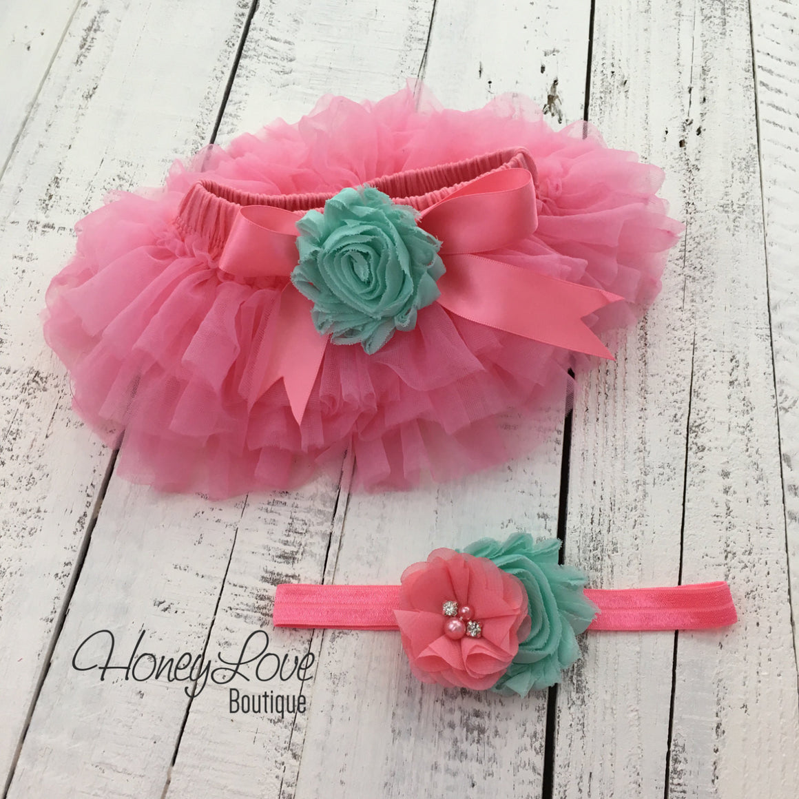 Coral Pink/Mint/Aqua Embellished tutu skirt bloomers and headband - HoneyLoveBoutique