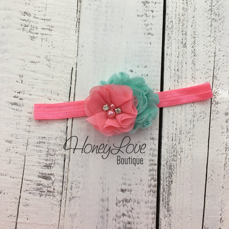 Coral Pink and Mint/Aqua shabby chiffon flower headband - HoneyLoveBoutique
