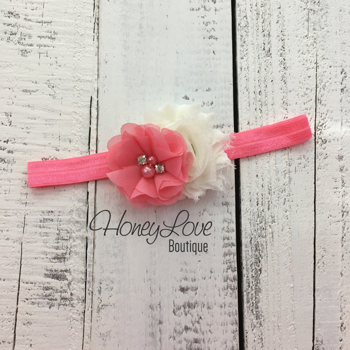 Coral Pink and Ivory shabby chiffon flower headband - HoneyLoveBoutique