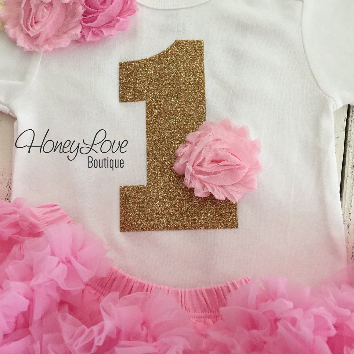 1st Birthday Outfit - Light Pink and Gold glitter - HoneyLoveBoutique