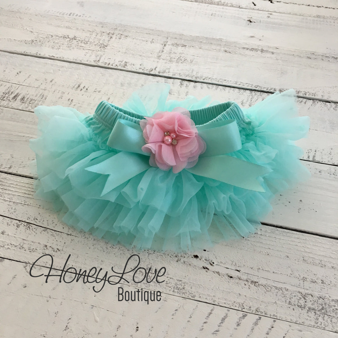 Mint/Aqua and Light Pink Embellished tutu skirt bloomers and headband - HoneyLoveBoutique