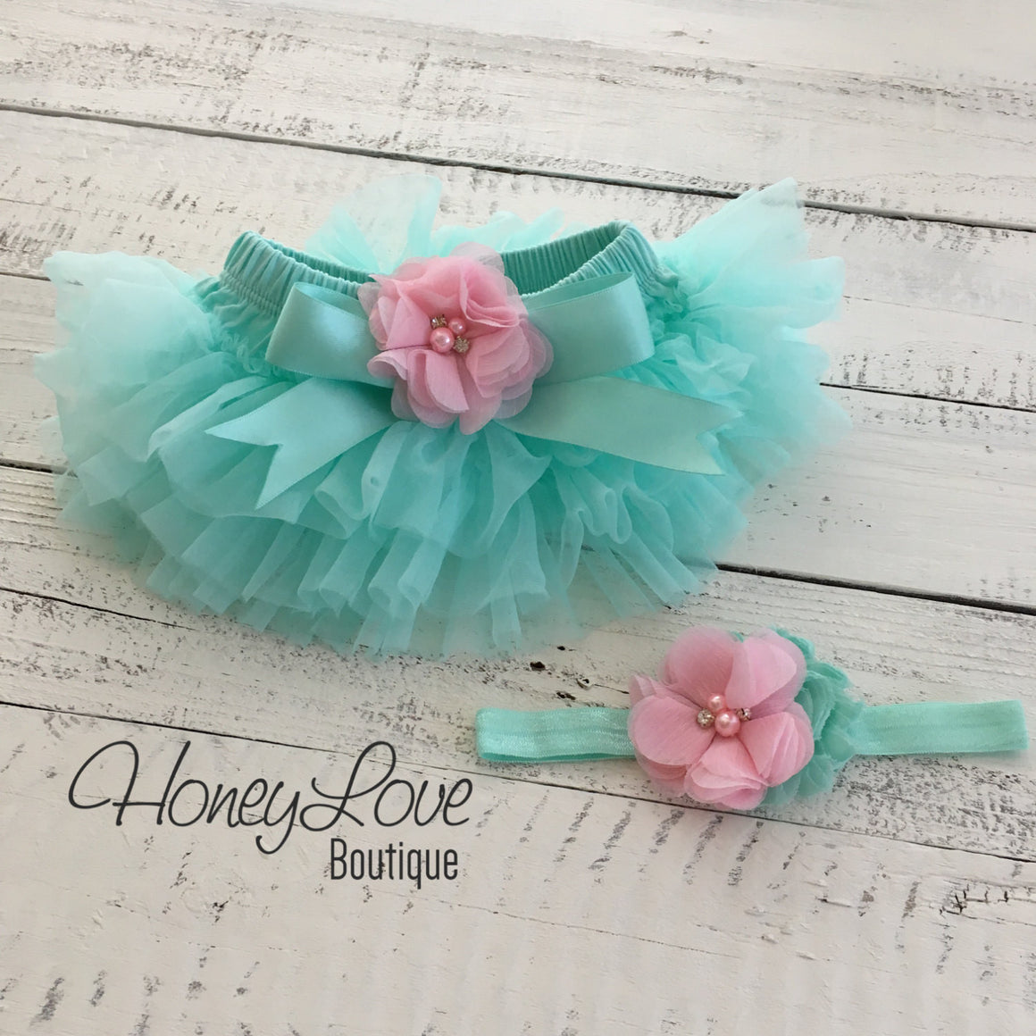 PERSONALIZED Name Outfit - Mint/Aqua and Gold Glitter - Light Pink flower embellished tutu skirt bloomers - HoneyLoveBoutique