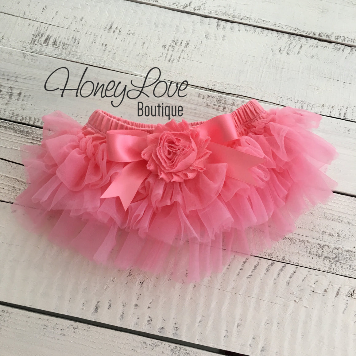 Coral Pink tutu skirt bloomers - embellished Coral pink shabby flower - HoneyLoveBoutique