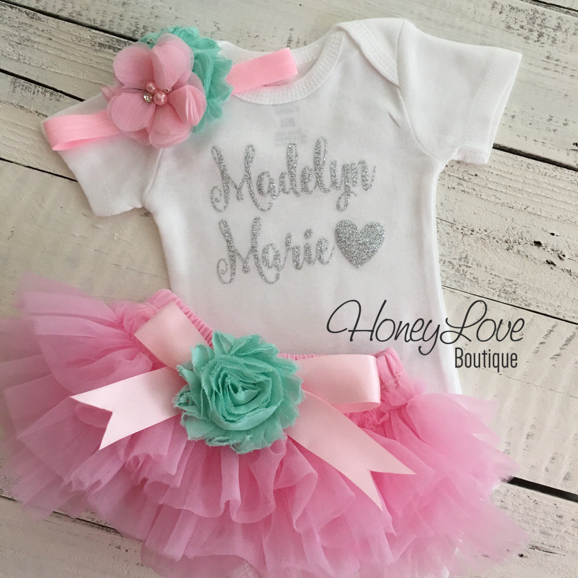 PERSONALIZED Name Outfit - Light Pink and Silver Glitter - Mint/Aqua flower embellished tutu skirt bloomers - HoneyLoveBoutique