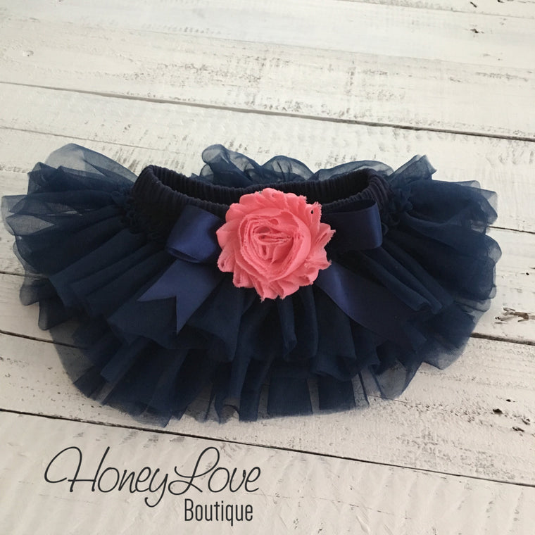 Navy Blue tutu skirt bloomers - embellished Coral shabby flower - HoneyLoveBoutique