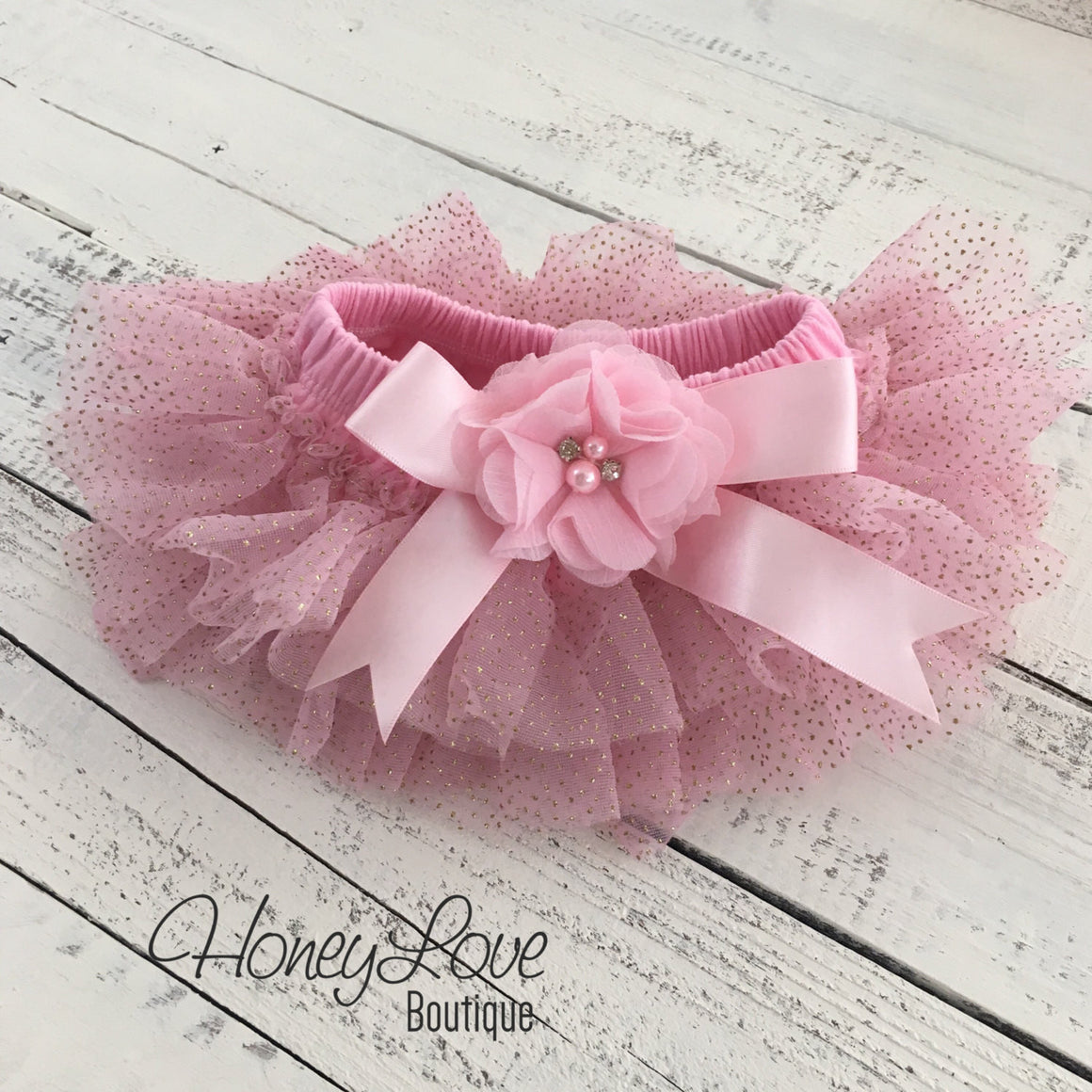 Light Pink with gold glitter embellished tutu skirt bloomers and matching headband - HoneyLoveBoutique