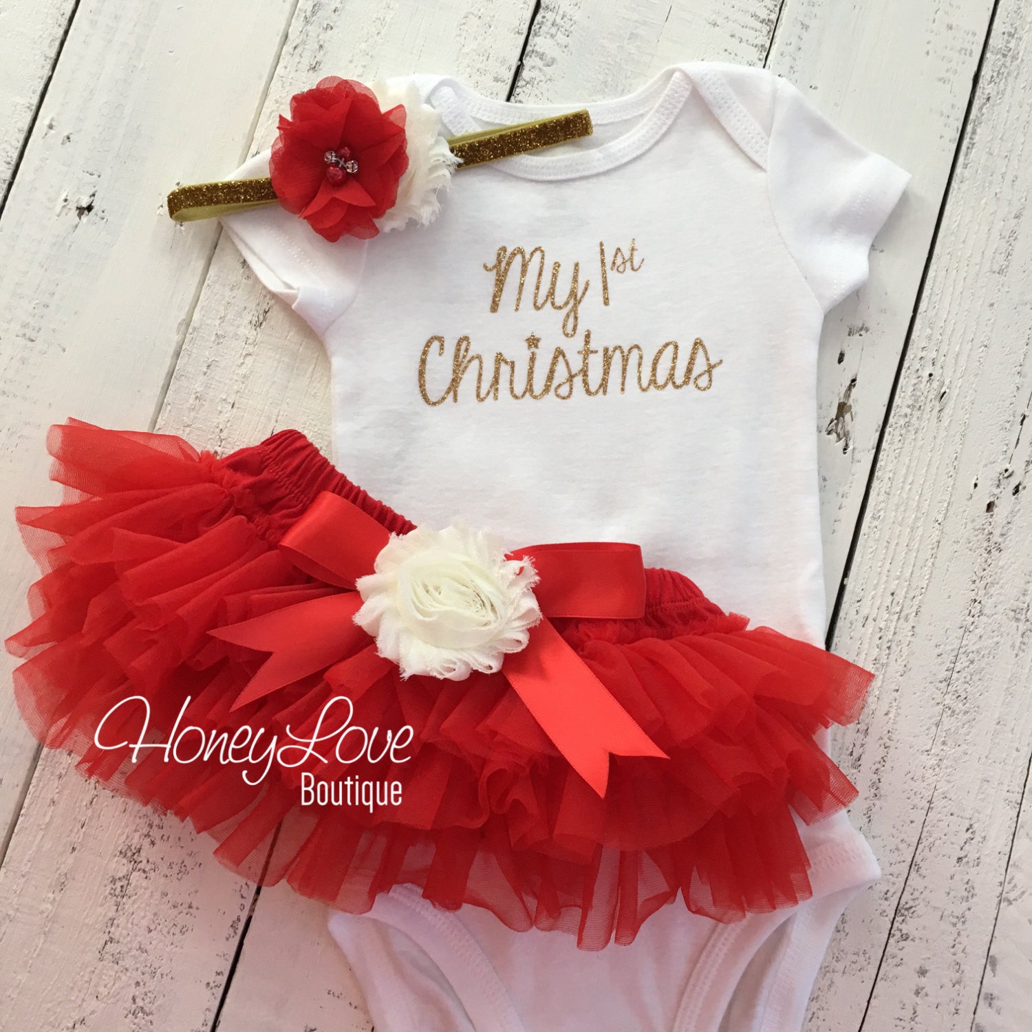 My 1st Christmas Outfit Gold/Silver Red, Ivory and Glitter