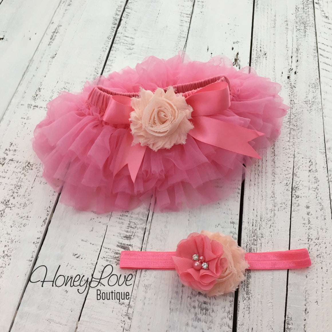 PERSONALIZED Name Outfit - Coral Pink and Gold Glitter - Peach flower embellished tutu skirt bloomers - HoneyLoveBoutique