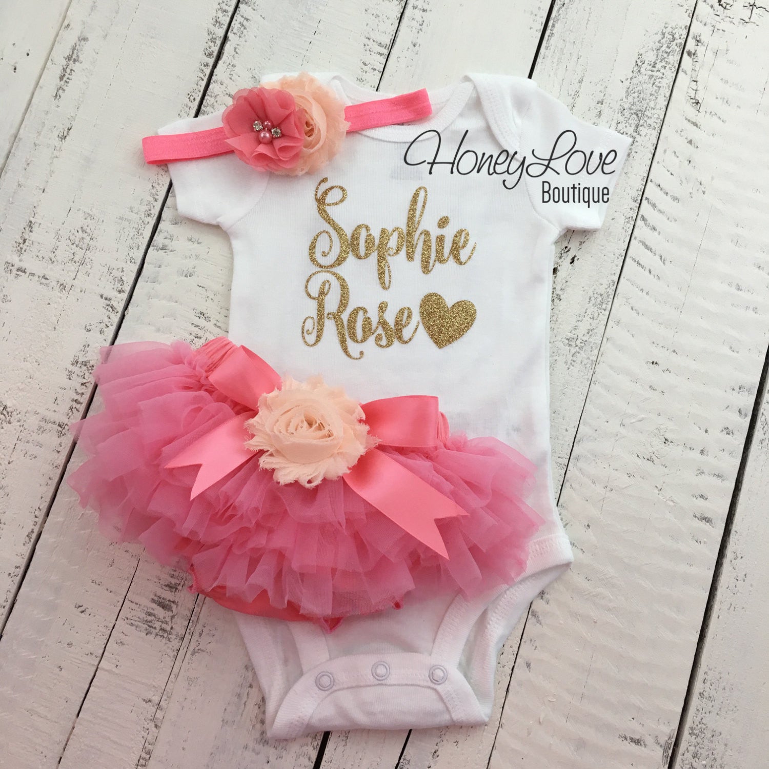 PERSONALIZED Name Outfit Coral Pink and Gold Glitter Peach