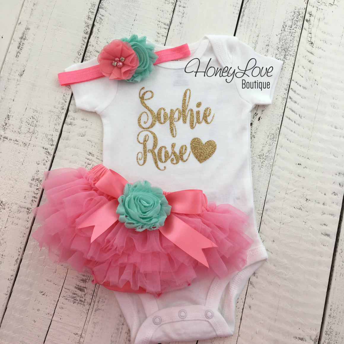 PERSONALIZED Name Outfit - Coral Pink and Gold Glitter - Mint/Aqua flower embellished tutu skirt bloomers - HoneyLoveBoutique