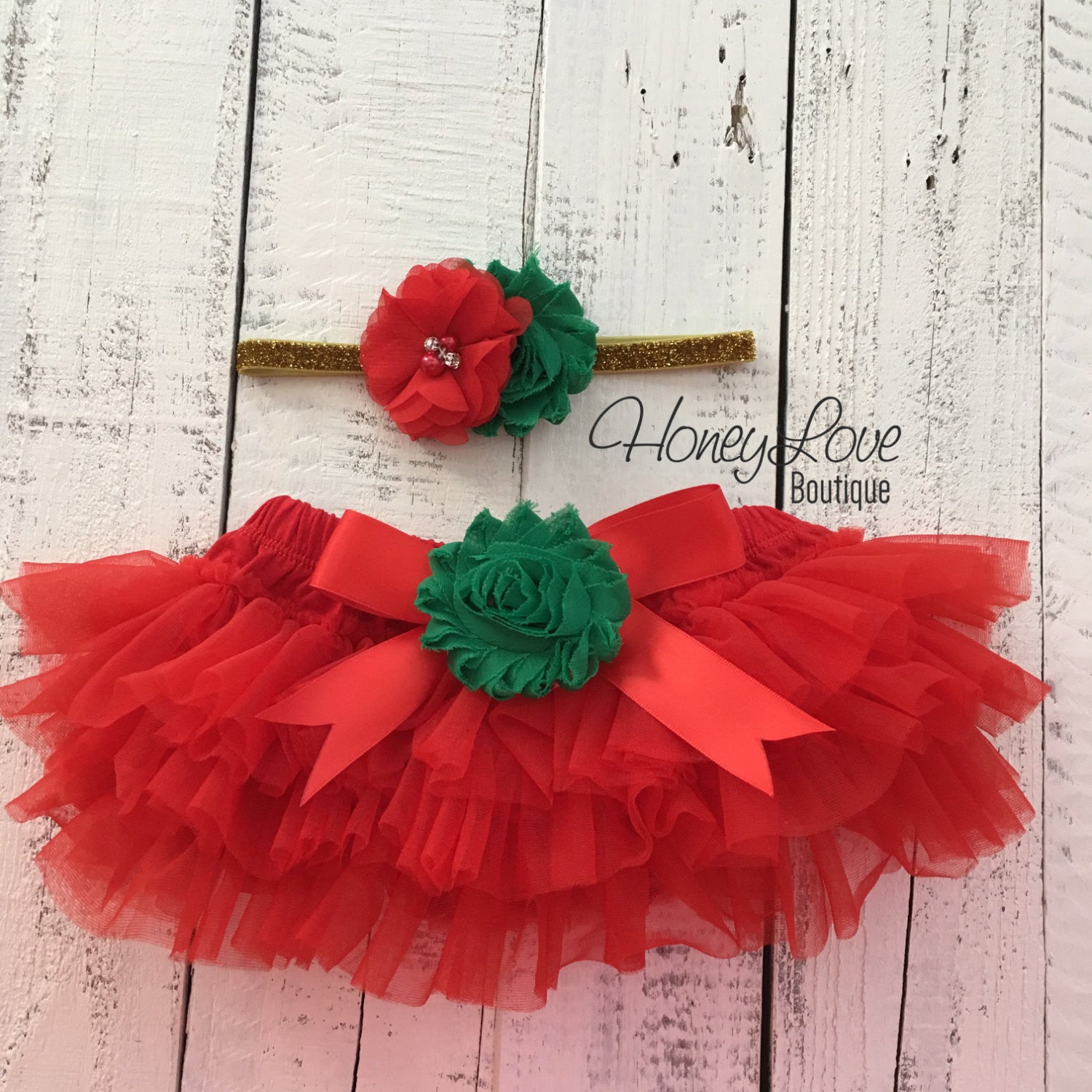 Red/Green Embellished tutu skirt bloomers and Gold/Silver glitter head - HoneyLoveBoutique Red/Green Embellished tutu skirt bloomers and Gold/Silver glitter head - HoneyLoveBoutique