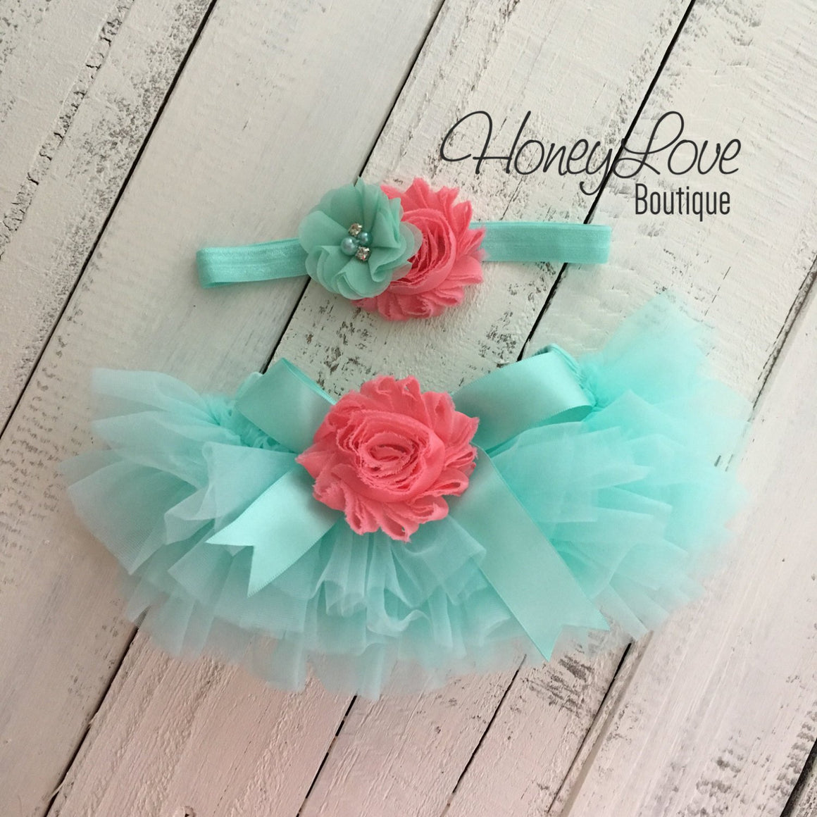 PERSONALIZED Name Outfit - Mint/Aqua and Silver Glitter - Coral flower embellished tutu skirt bloomers - HoneyLoveBoutique