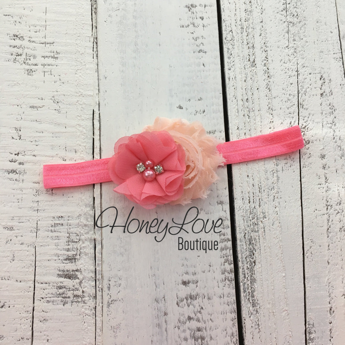 Coral Pink and Peach shabby chiffon flower headband - HoneyLoveBoutique