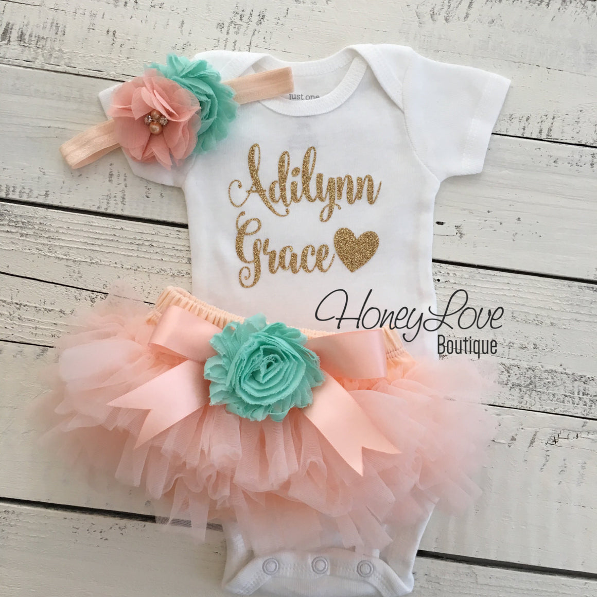 PERSONALIZED Name Outfit - Gold glitter and Peach/Mint/Aqua - embellished tutu skirt bloomers - HoneyLoveBoutique