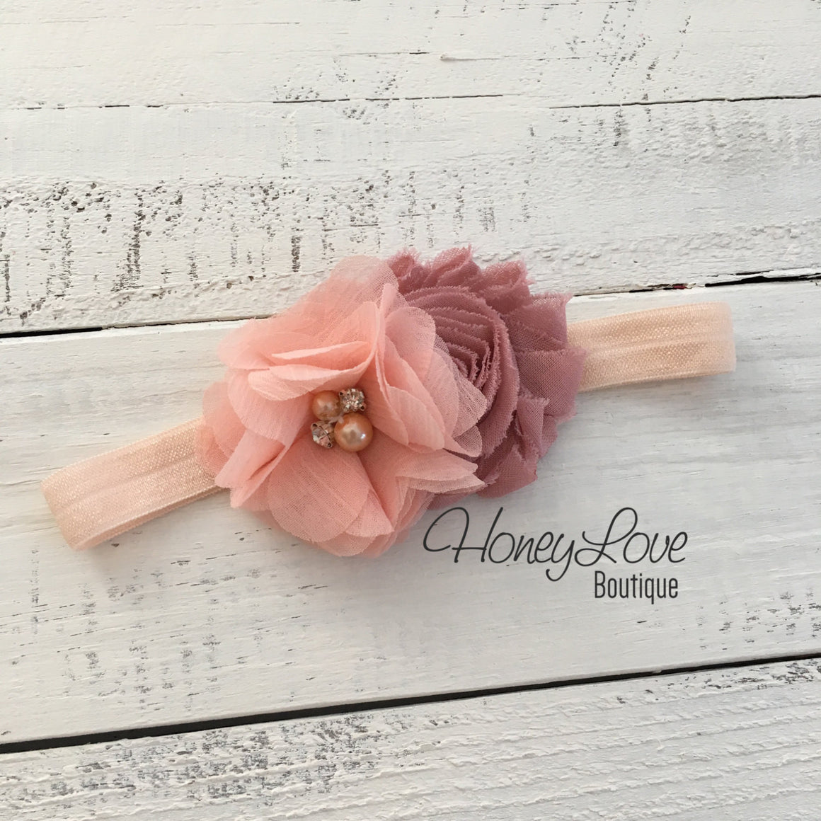 Peach and Vintage Pink shabby chiffon flower rhinestone/pearl headband - HoneyLoveBoutique