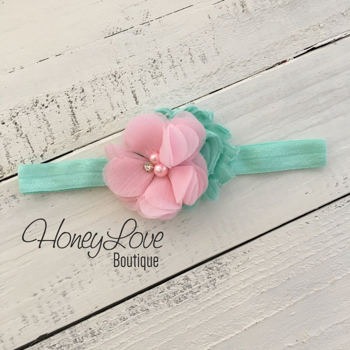 Mint/Aqua and Light Pink flower headband - HoneyLoveBoutique
