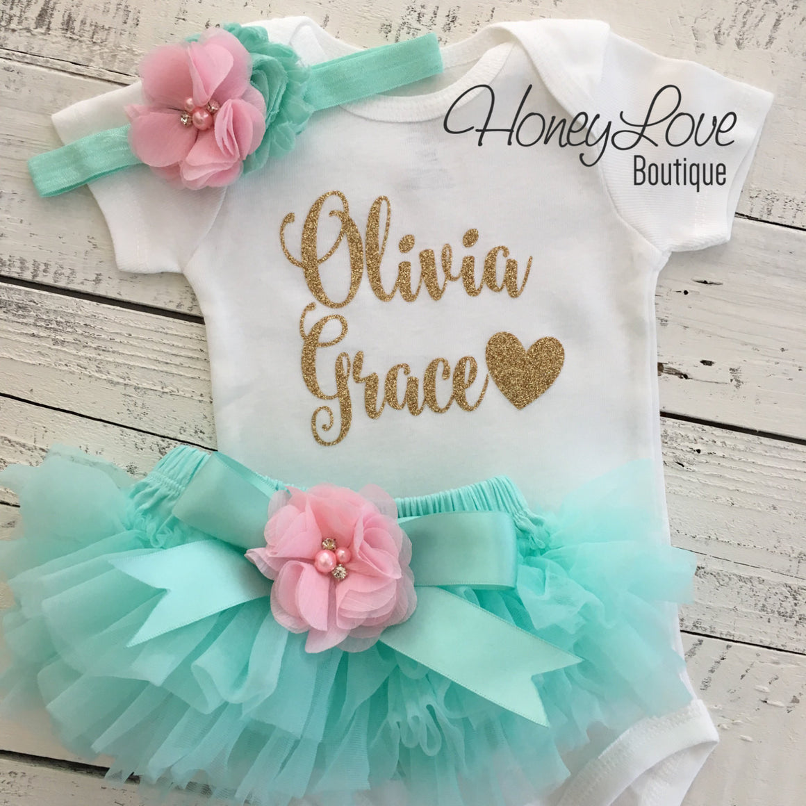 PERSONALIZED Name Outfit - Mint/Aqua and Gold Glitter - Light Pink flower embellished tutu skirt bloomers - HoneyLoveBoutique