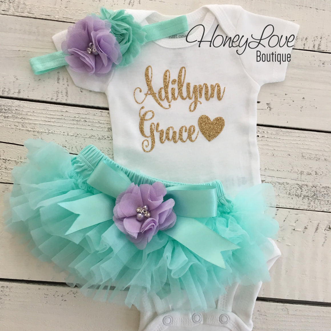 PERSONALIZED Name Outfit - Mint/Aqua and Gold Glitter - Lavender Purple flower embellished tutu skirt bloomers - HoneyLoveBoutique