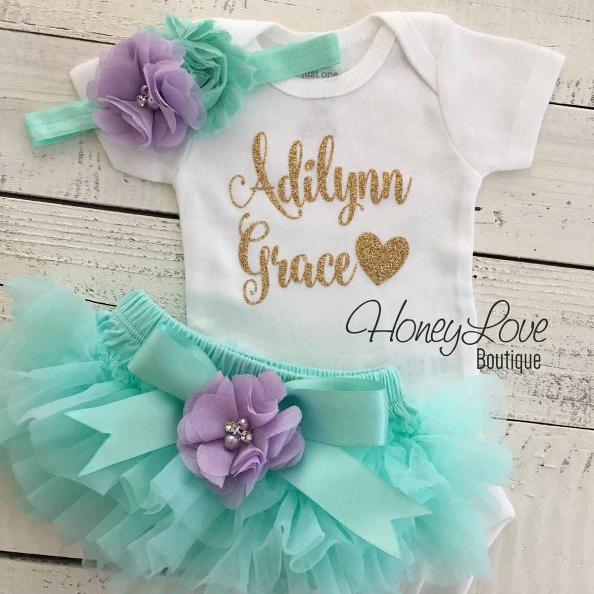 PERSONALIZED Name Outfit - Mint/Aqua and Gold Glitter - Lavender Purple flower embellished tutu skirt bloomers - HoneyLoveBoutique