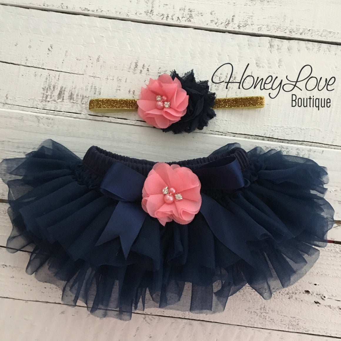 PERSONALIZED Name Outfit -  Navy Blue and Gold Glitter - Coral Pink rhinestone/pearl flower embellished tutu skirt bloomers - HoneyLoveBoutique