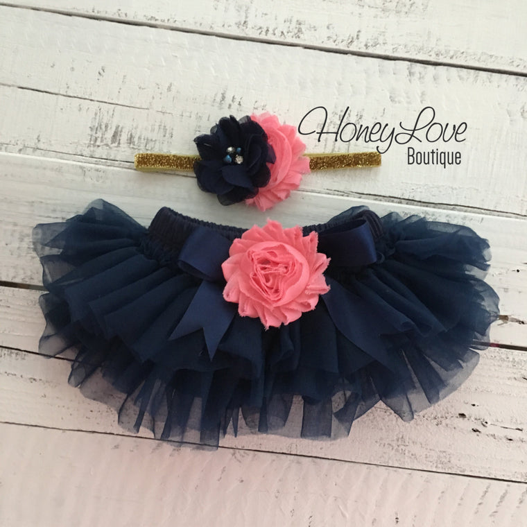 Navy Blue tutu skirt bloomers - embellished Coral shabby flower - with matching headband - HoneyLoveBoutique