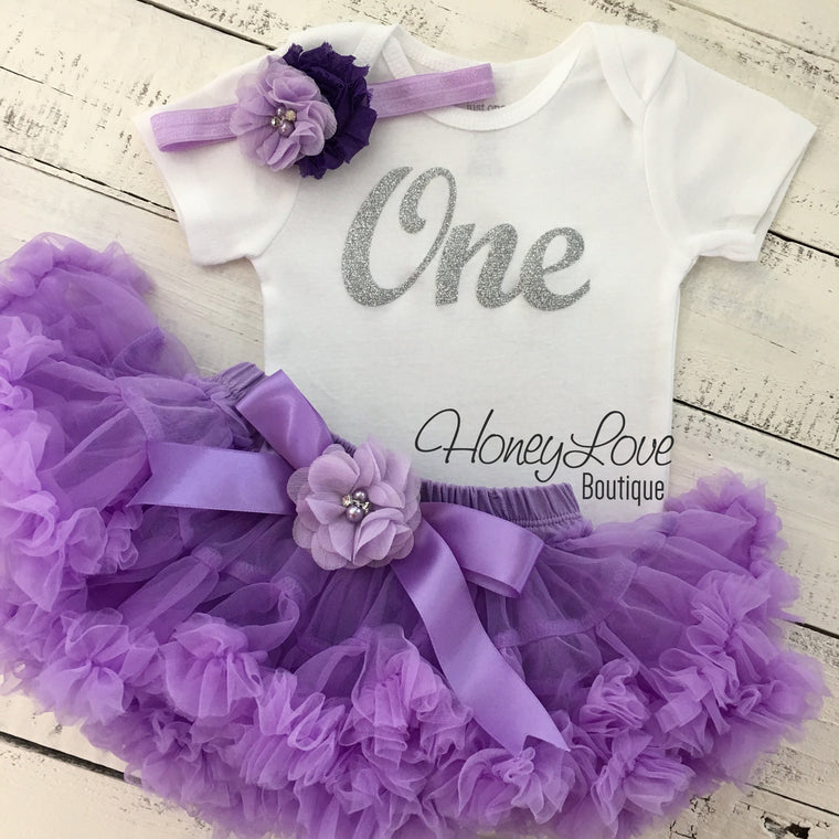 One - Birthday Outfit - Lavender Purple and Silver/Gold Glitter - embellished pettiskirt - HoneyLoveBoutique