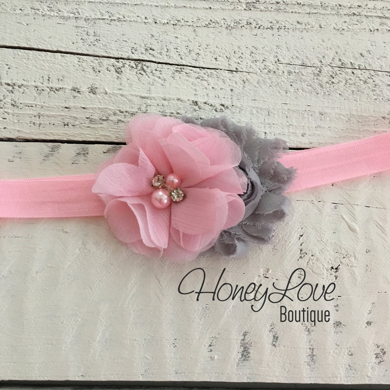 Light Pink and Gray flower headband - HoneyLoveBoutique