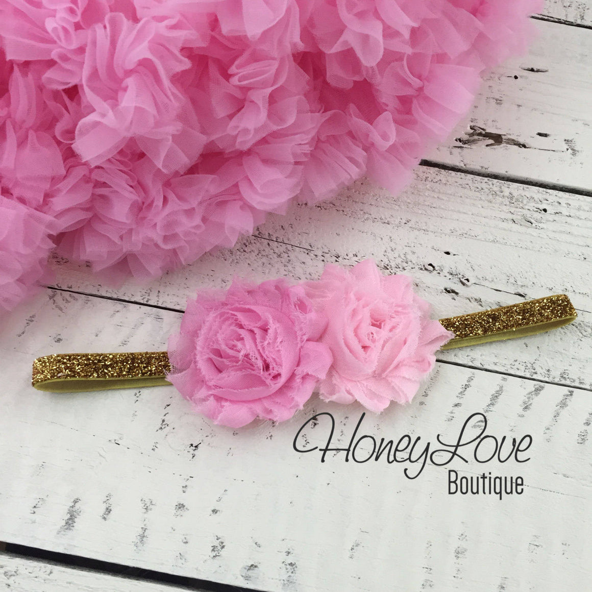 Light Pink double flower headband  - Gold or Silver glitter elastic - HoneyLoveBoutique