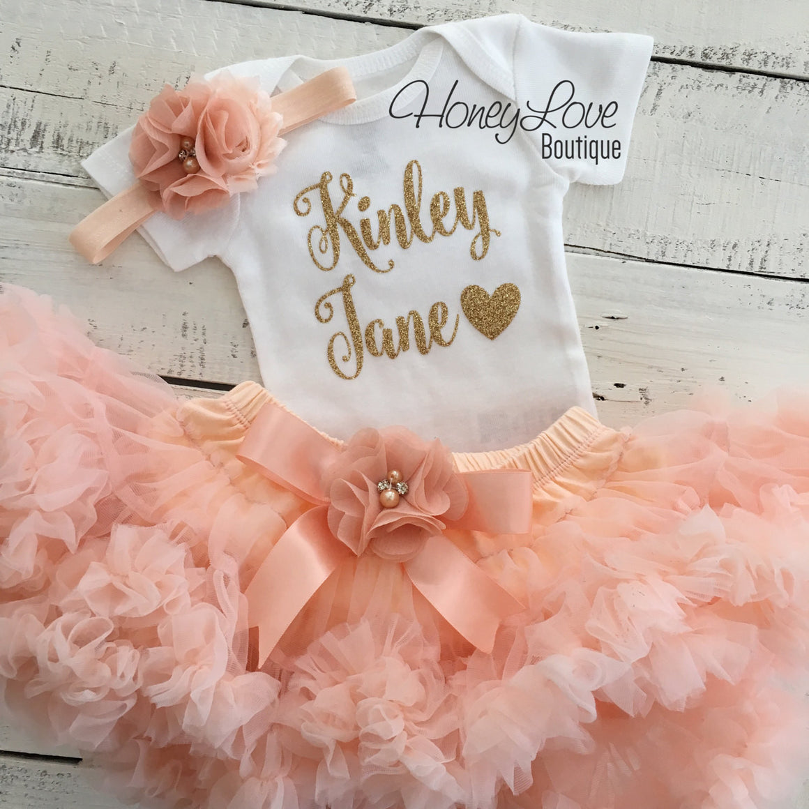 PERSONALIZED Name Outfit - Gold Glitter and Peach Pettiskirt - embellished pettiskirt - HoneyLoveBoutique