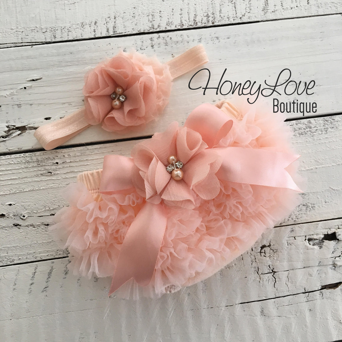 Peach ruffle bottom bloomers and peach headband - embellished bloomer - HoneyLoveBoutique