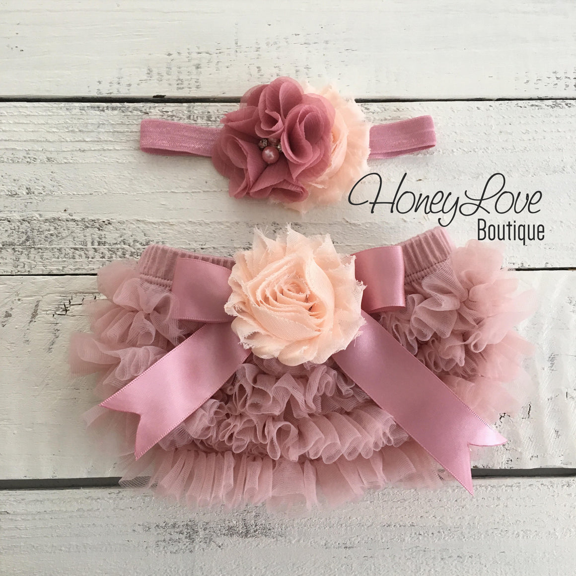 TWIN GIRLS! Peach and Vintage Pink ruffle bottom bloomers and matching headbands - embellished bloomers - HoneyLoveBoutique