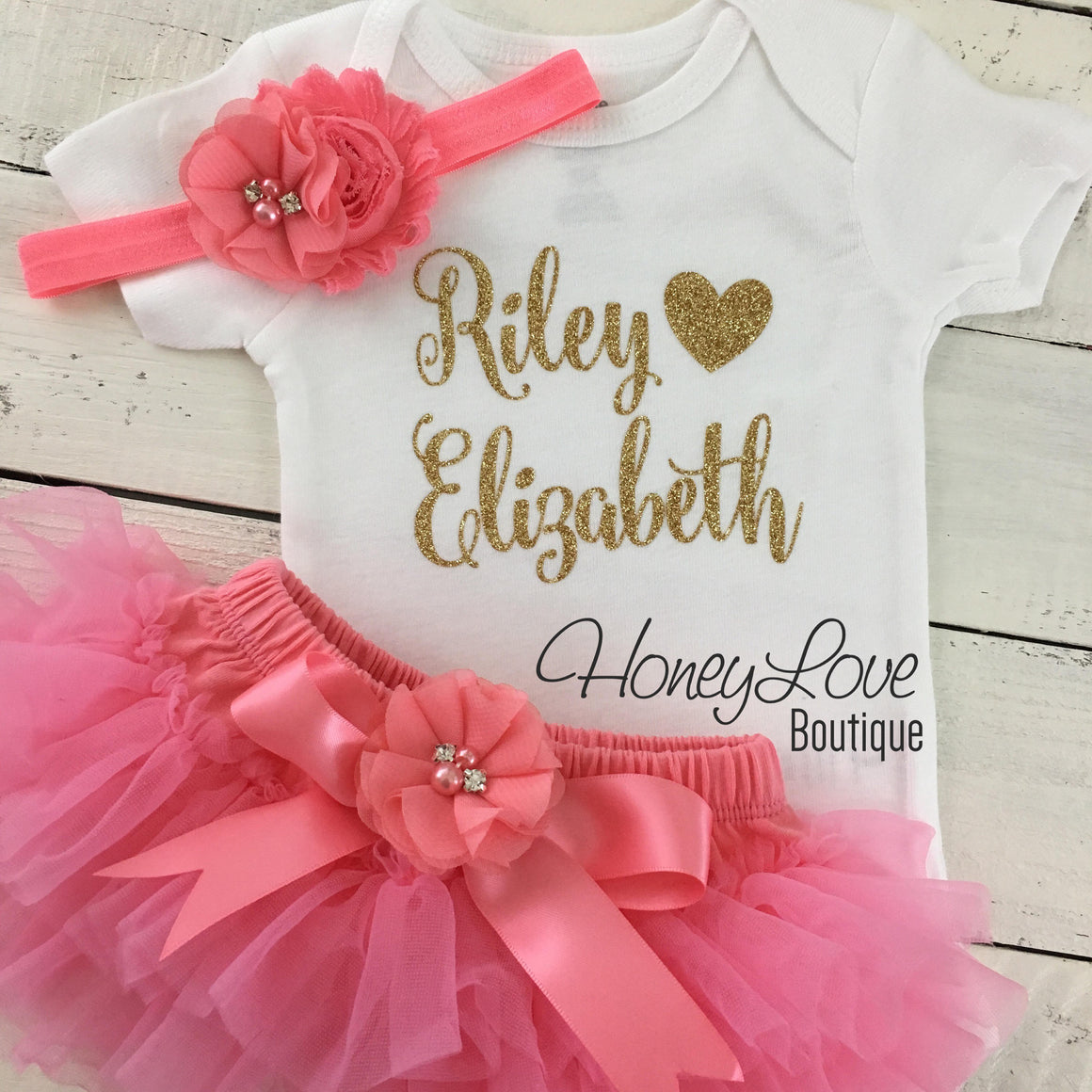 PERSONALIZED Name Outfit - Coral Pink and Gold Glitter - Coral flower embellished tutu skirt bloomers - HoneyLoveBoutique