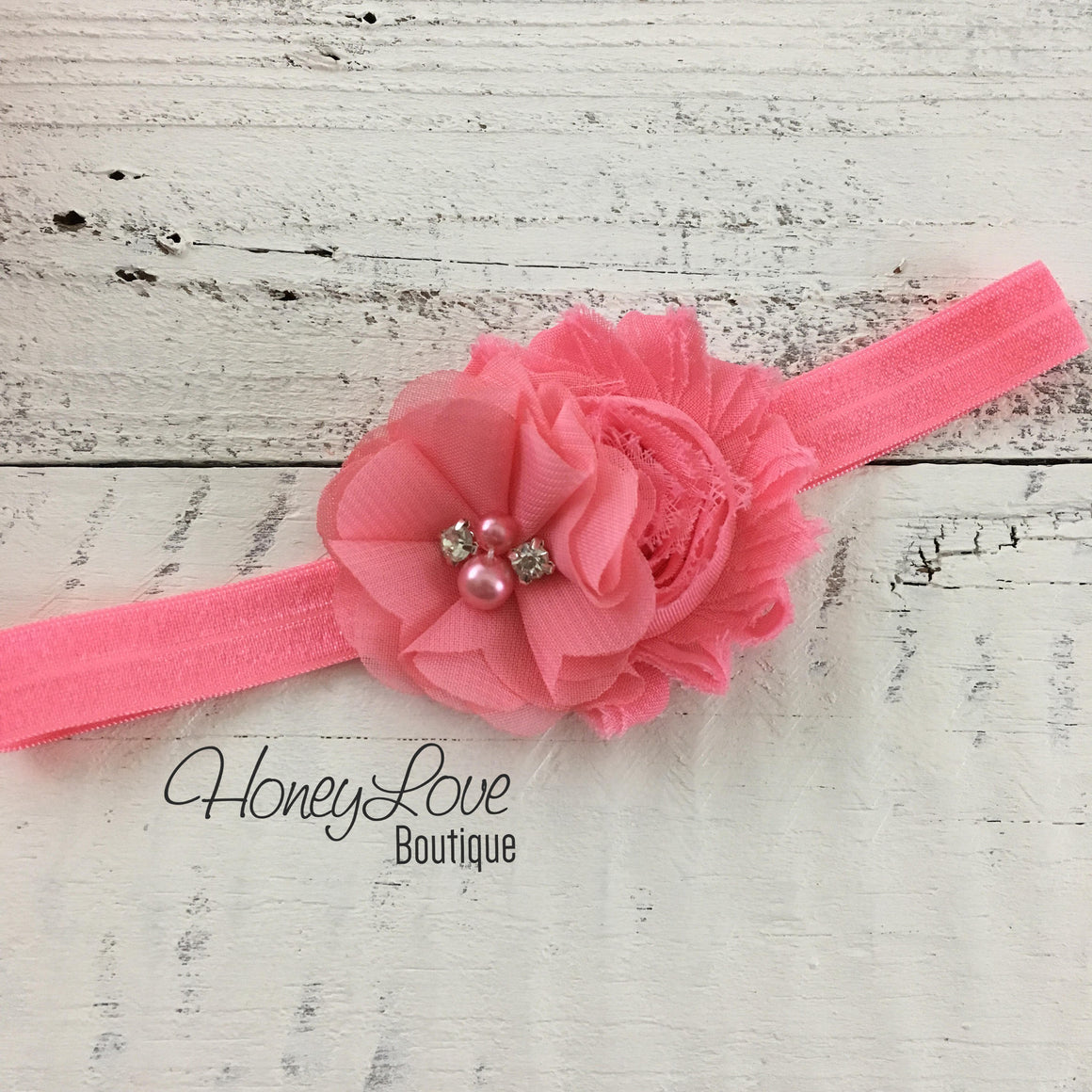 Coral Pink and Coral shabby chiffon flower headband - HoneyLoveBoutique