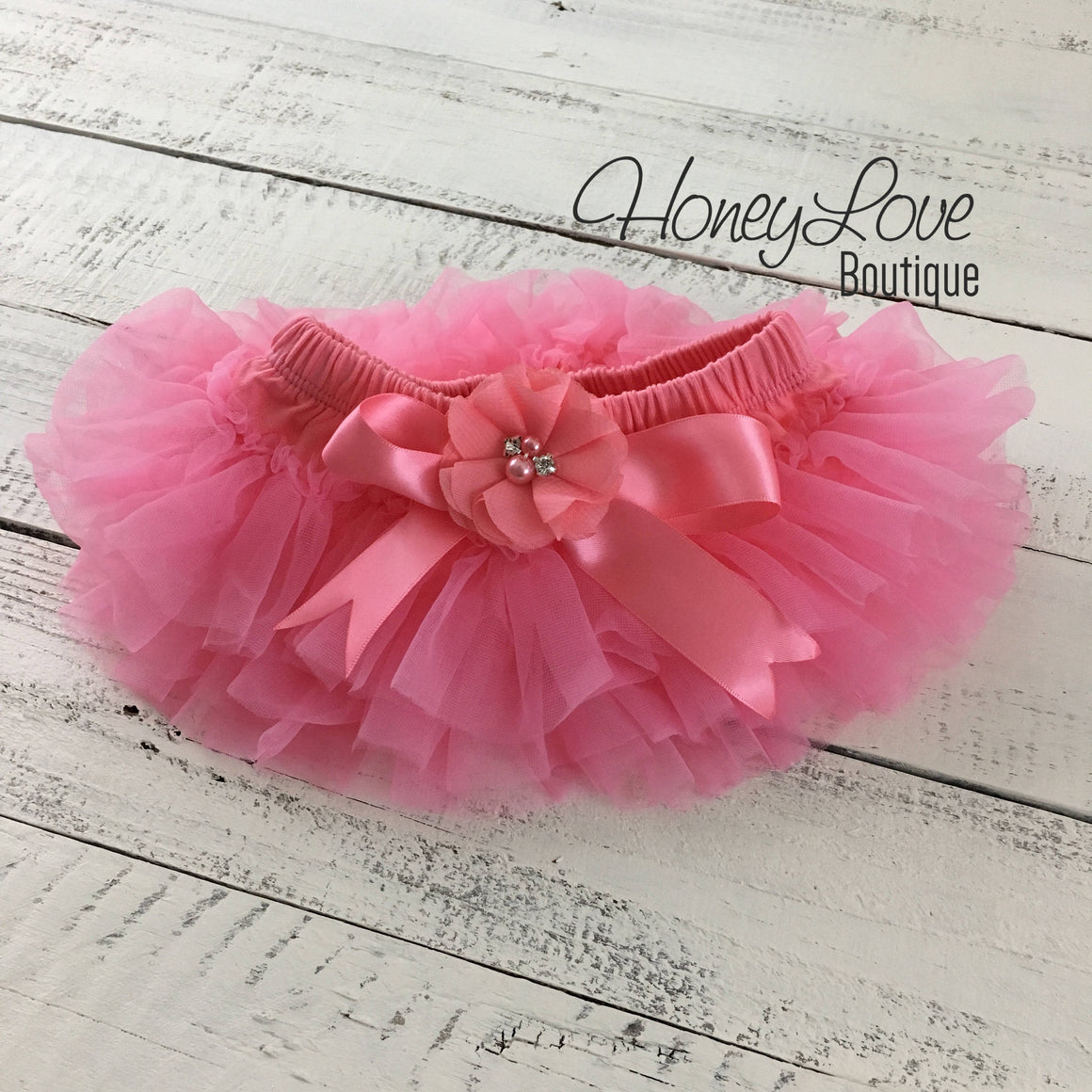 Coral Pink tutu skirt bloomers - embellished Coral pink rhinestone/pearl flower - HoneyLoveBoutique